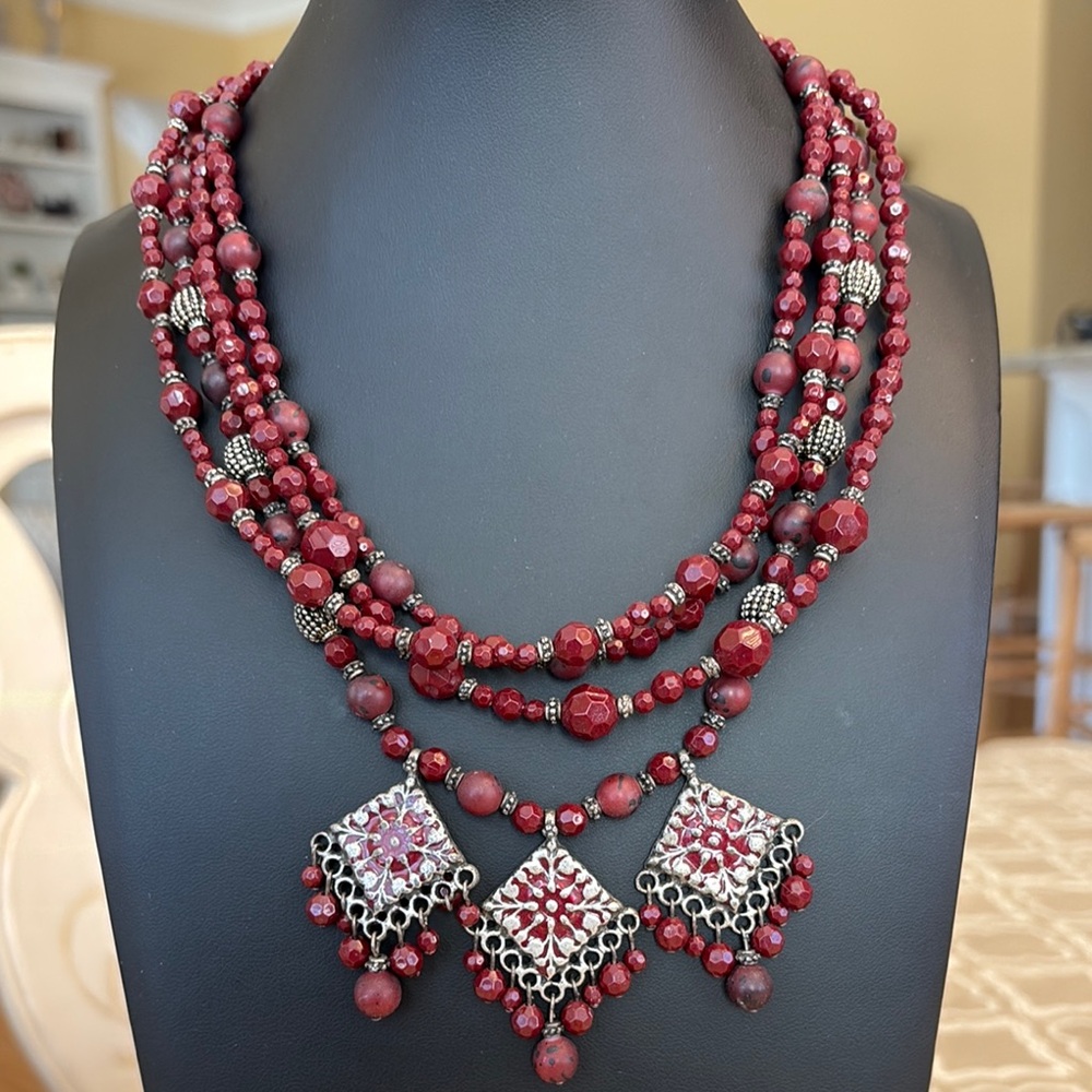Chico's Multi Stranded Red Silver Statement Neckl… - image 4